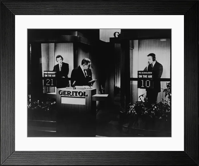 Framed Print : Quiz show 21 host Jack Barry addresses contestant Hank Bloomgarden as fellow contestant James Snodgrass looks Framed Print : Quiz show 21 host Jack Barry addresses contestant Hank Bloomgarden as fellow contestant James Snodgrass looks