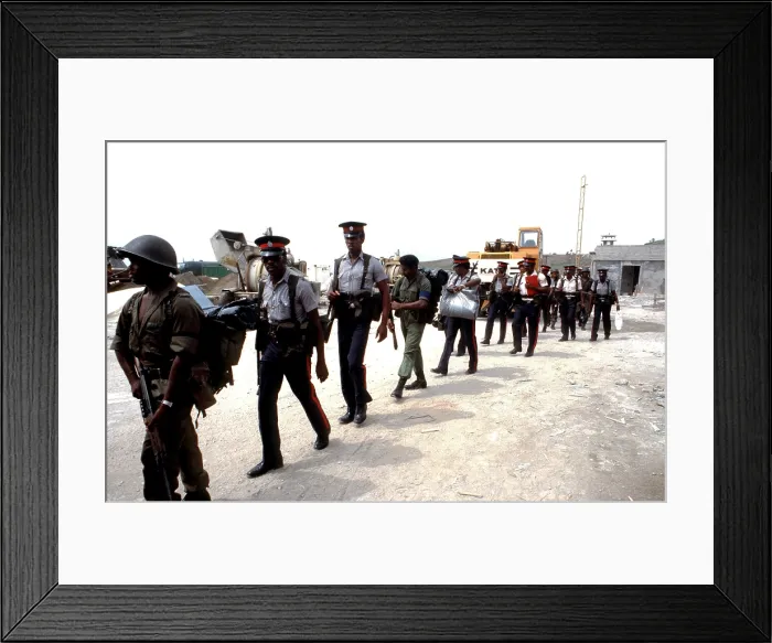 Framed Print : Eastern Caribbean Defense Force contributed to Peacekeeping after the 1983 U.S. invasion of Grenada. Photo shows Royal Barbados Police with other soldiers in Grenada on Nov