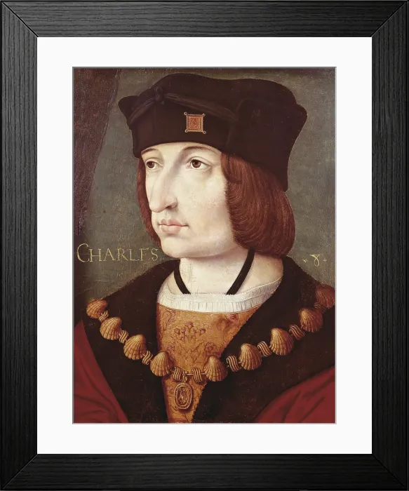 Framed Print : CHARLES VIII of France (1470-1498). French king from the Valois dynasty (1483 - 1498). Anonymous painting (16th c.), based on a work by Jean Perreal. Oil on wood. FRANCE