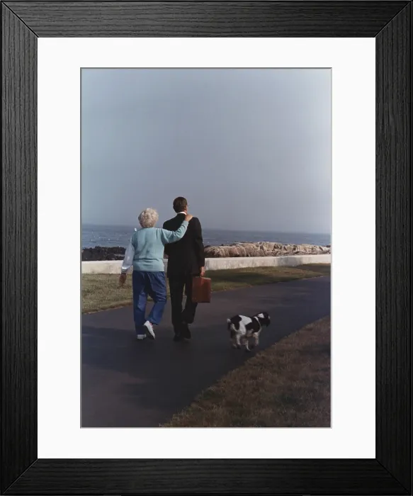 Framed Print : President George and Barbara Bush walk as Millie trots alongside Walker's Point Kennebunkport Maine. Aug. 16 1989. (BSLOC_2011_3_92)