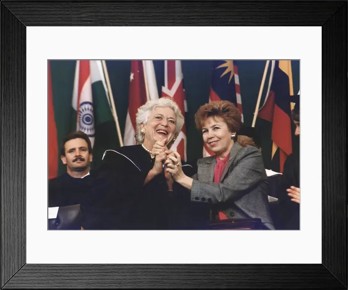 Framed Print : Barbara Bush and Raisa Gorbachev deliver commencement addresses at Wellesley College while their husbands conduct a productive Summit meeting in Washington D.C. May 1 1990