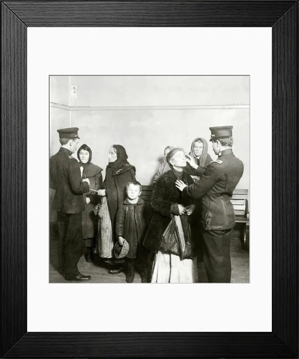 Framed Print : Physical examination of female immigrants at Ellis Island, New York City. The doctor is checking for trachoma, a highly contagious and difficult to cure eye disease. 1911
