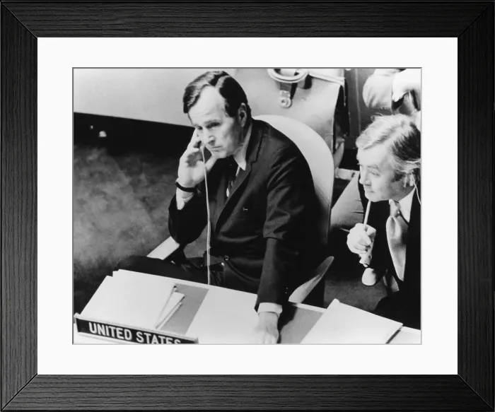 Framed Print : George Bush as United Nations Representative from 1971-72. On right is Daniel Patrick Moynihan UN Ambassador from 1975-76. (BSLOC_2011_3_104) Framed Print : George Bush as United Nations Representative from 1971-72. On right is Daniel Patrick Moynihan UN Ambassador from 1975-76. (BSLOC_2011_3_104)