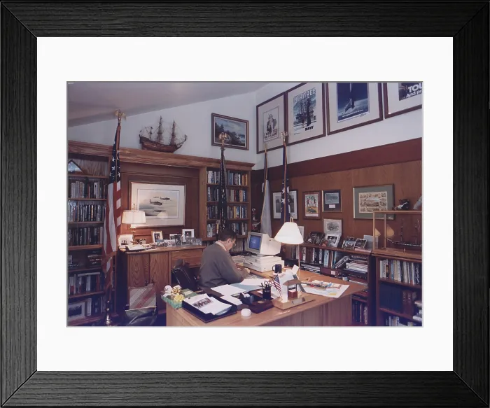 Framed Print : President George Bush works on a personal computer at Laurel Lodge at Camp David in 1992. (BSLOC_2011_3_64)