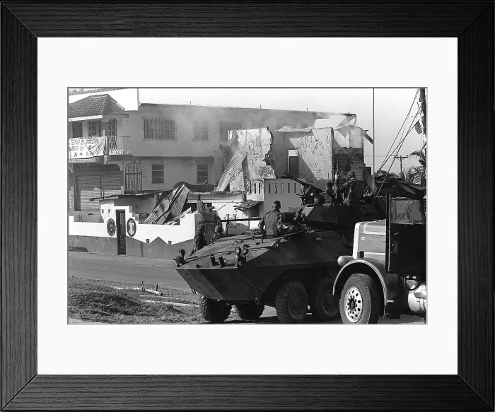 Framed Print : U.S. Marines in their light armored vehicles guard a destroyed Panamanian Defense Force building in Panama City Dec. 20 1989. (BSLOC_2011_3_20) Framed Print : U.S. Marines in their light armored vehicles guard a destroyed Panamanian Defense Force building in Panama City Dec. 20 1989. (BSLOC_2011_3_20)