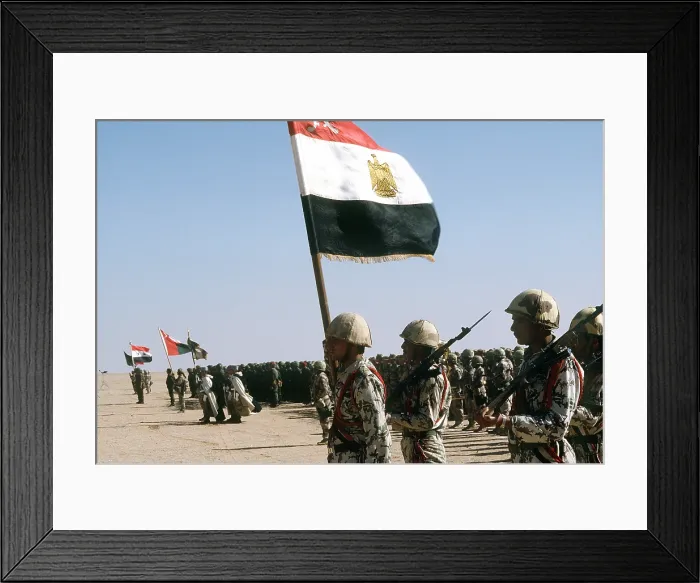 Framed Print : Egyptian troops stand for review by King Fahd of Saudi Arabia as part of international coalition forces united against Iraq during Operational Desert Storm. March 8 1991 Framed Print : Egyptian troops stand for review by King Fahd of Saudi Arabia as part of international coalition forces united against Iraq during Operational Desert Storm. March 8 1991