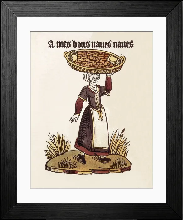 Framed Print : A mes bons naves naves. The Merchant of turnips. Belongs to the genre 'le Cris de Paris' that illustrates street vendors of Paris. Woodcut, ca 1500. Early Modern Era