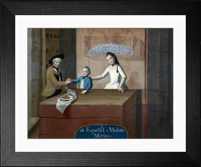 Framed Print : From Spanish man and mulata, Morisco. ca. 1775 - 1800. Painting number 5. Oil on copper. Castas paintings. Mexican school. Colonial baroque. Oil on canvas. SPAIN. Madrid