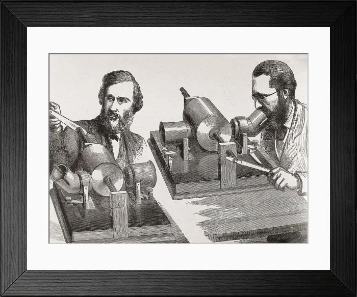 Framed Print : Experiments with the phonograph in the 'Royal Institution', 1878. Professors John Tyndall and W.H. Preece Speaking into Phonograph. Engraving. - J Framed Print : Experiments with the phonograph in the 'Royal Institution', 1878. Professors John Tyndall and W.H. Preece Speaking into Phonograph. Engraving. - J