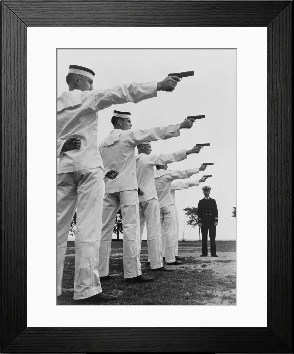 Framed Print : Five cadets at the U.S. Naval Academy, Annapolis, shooting pistols. July 1942