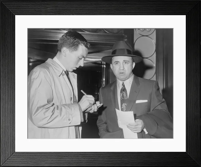 Framed Print : Mickey Cohen (1913-1976), speaking with reporter in New York City on May 20, 1957. In the 1950's, Cohen was a celebrity gangster with many Hollywood friends