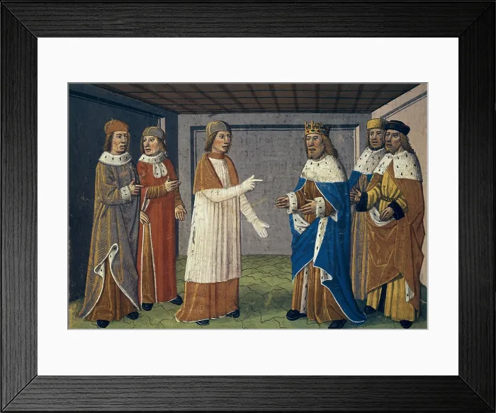 Framed Print : Carolingian Empire. Charlemagne welcomes Pope Leo XIII who fled Rome. Gothic art. Miniature Painting. ITALY. Turin. National Library of the Turin University. - J Framed Print : Carolingian Empire. Charlemagne welcomes Pope Leo XIII who fled Rome. Gothic art. Miniature Painting. ITALY. Turin. National Library of the Turin University. - J