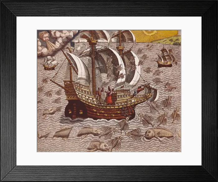 Framed Print : Navigatio en Brasiliam Americae, 16th c. Flying Fish Meet in the Torrid Zone. Flemish art. Engraving. FRANCE. Paris. Bibliothque du service historique de la Marine