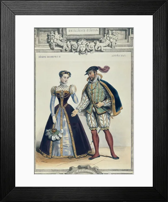Framed Print : Costumes in France during the reign of Henry II. 1547. Illustration by G. Delacroix. Engraving. - BeBa / Iberfoto / Everett Collection (389784)**US SALES ONLY** Framed Print : Costumes in France during the reign of Henry II. 1547. Illustration by G. Delacroix. Engraving. - BeBa / Iberfoto / Everett Collection (389784)**US SALES ONLY**