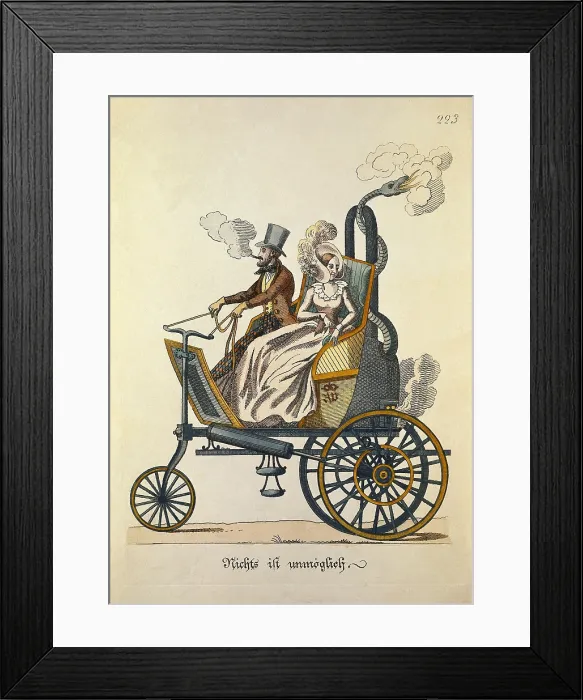 Framed Print : Nothing is impossible, German engraving with a steam vehicle. Etching. - BeBa / Iberfoto / Everett Collection (389966)**US SALES ONLY** Framed Print : Nothing is impossible, German engraving with a steam vehicle. Etching. - BeBa / Iberfoto / Everett Collection (389966)**US SALES ONLY**