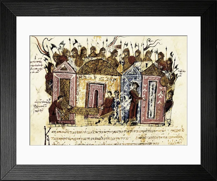 Framed Print : SKYLITZER, John (9th century). Madrid Skylitzes 'Synopsis historiarum'. Synopsis of Histories about the reigns of the Byzantine emperors. 12th c. The Varangian Guard Framed Print : SKYLITZER, John (9th century). Madrid Skylitzes 'Synopsis historiarum'. Synopsis of Histories about the reigns of the Byzantine emperors. 12th c. The Varangian Guard