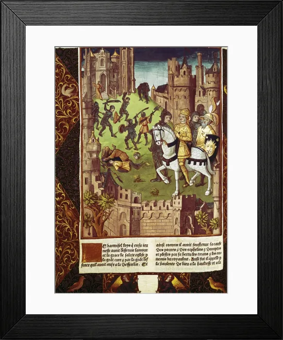 Framed Print : Charlemagne fighting against the Saracens to liberate the church in Santiago de Compostela. Illustration from 'Grandes Chroniques of France' (15th century). Gothic art Framed Print : Charlemagne fighting against the Saracens to liberate the church in Santiago de Compostela. Illustration from 'Grandes Chroniques of France' (15th century). Gothic art