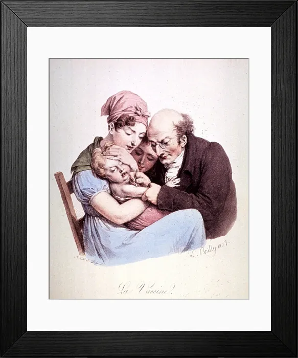 Framed Print : A physician inoculating a young child against smallpox while held in the arms of its mother. 1827 print by Louis Leopold Boilly