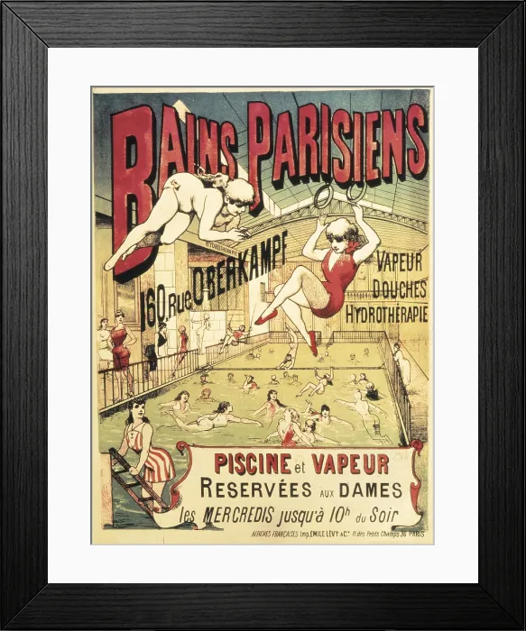Framed Print : Bains Parisiens'. Advertisment marking the time for women to go the the public baths in Rue Oberkampf, Paris. Printed by emile Levy, 19th century. FRANCE. Paris Framed Print : Bains Parisiens'. Advertisment marking the time for women to go the the public baths in Rue Oberkampf, Paris. Printed by emile Levy, 19th century. FRANCE. Paris