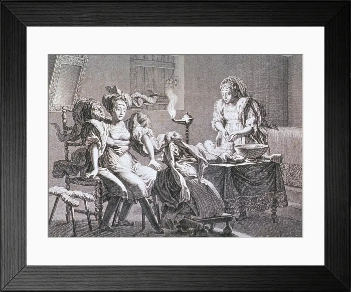 Framed Print : A woman has given birth with the aid of three midwives