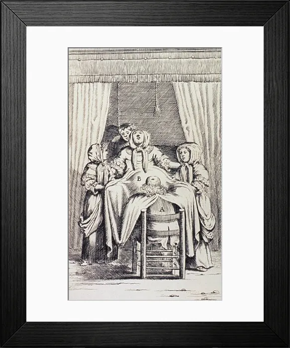 Framed Print : Woman in Labor. 1707 Dutch print of a woman assisted in childbirth by a male midwife, two young women, and another person, possibly her husband