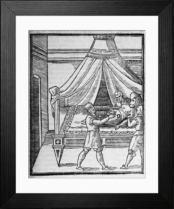 Framed Print : A woman lying on a bed is being restrained by two male assistants while the surgeon extracts the infant during a Cesarean section