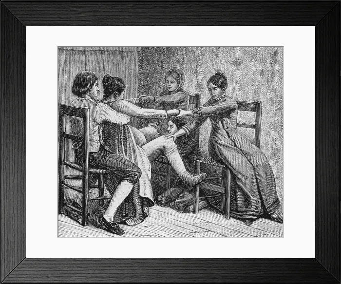 Framed Print : Pioneer birth scene of two women and two men assist during childbirth of ca. 1800. Illustration from HISTORY OF BIRTH OF ALL PEOPLES. People, 1887, by Gustave Joseph Witkowski
