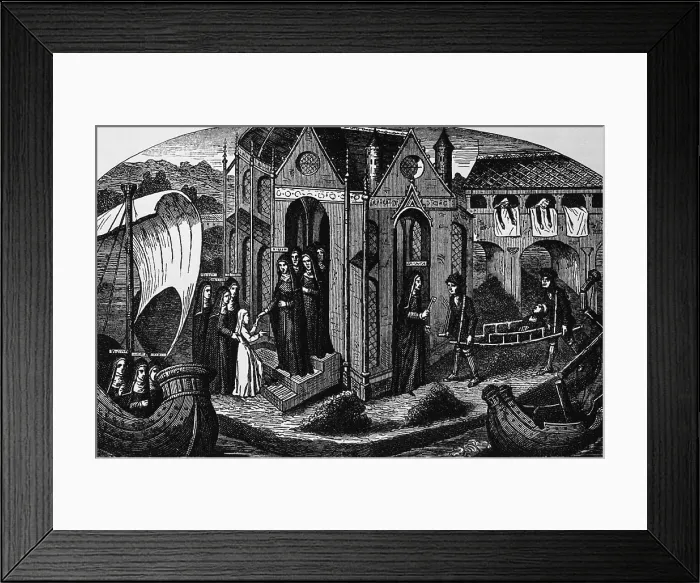 Framed Print : Exterior of Hotel-Dieu, Paris, with nuns at the doors, receiving a patient on a stretcher Framed Print : Exterior of Hotel-Dieu, Paris, with nuns at the doors, receiving a patient on a stretcher