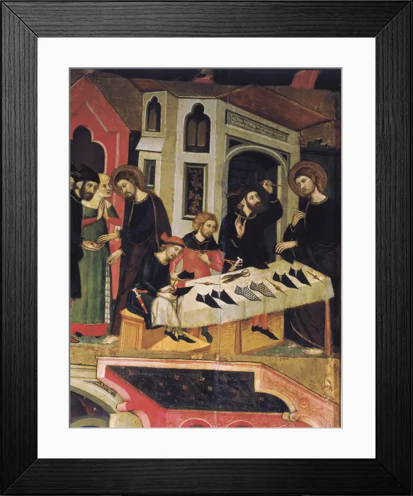 Framed Print : BASSA, Arnau (14th century). Saint Mark's Altarpiece. 1346. SPAIN. Manresa. Basilica of Santa Maria de la Seu of Manresa. Detail with Jesus and Saint Anian the shoemaker Framed Print : BASSA, Arnau (14th century). Saint Mark's Altarpiece. 1346. SPAIN. Manresa. Basilica of Santa Maria de la Seu of Manresa. Detail with Jesus and Saint Anian the shoemaker
