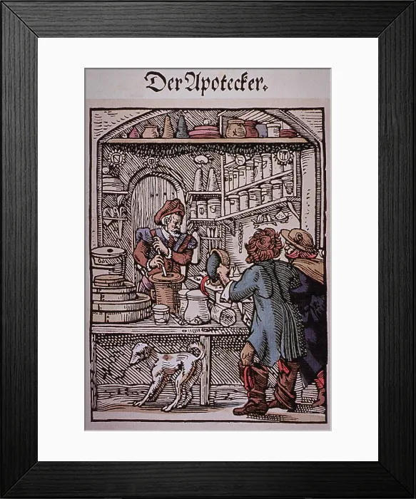 Framed Print : The Apothecary. Two men approach a pharmacy as the druggist makes medications. 16th century German woodcut by Jost Amman Framed Print : The Apothecary. Two men approach a pharmacy as the druggist makes medications. 16th century German woodcut by Jost Amman