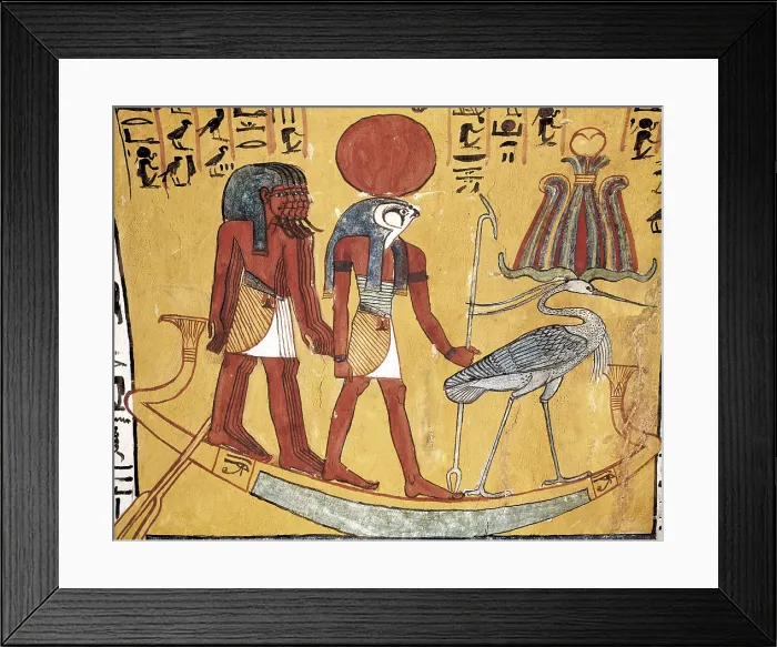 Framed Print : Tomb of Sennedjem. 1306 -1290 BC. EGYPT. Dayr al-Bahri. Valley of the Artisans. Tomb of Sennedjem. God Ra in the boat with the holy ibis. Egyptian art. New Kingdom. Painting
