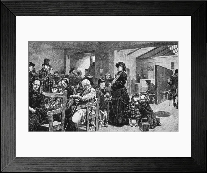 Framed Print : The Out-patient's Room in University College Hospital 1872, in London. Some patients stand in the crowded waiting room. In the background is a dispensary