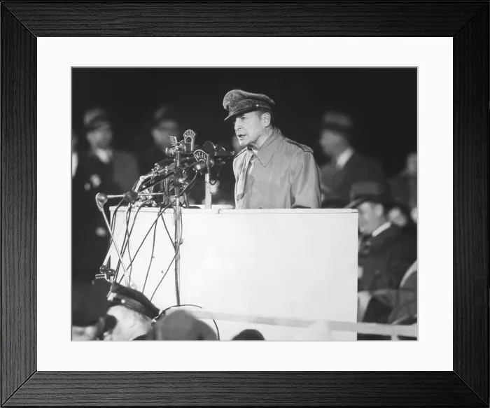 Framed Print : General Douglas MacArthur addressing an audience of 50, 000 at Soldier's Field, Chicago on April 26, 1951. Three million people lined his parade route in Chicago