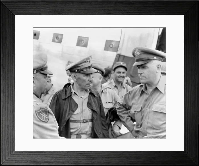Framed Print : General Lawton Collins (right), U.S. Chief of Staff, arriving in South Korea. At left are General Walton Walker and Brig. Gen. John Church. July 1950. Korean War, 1950-53