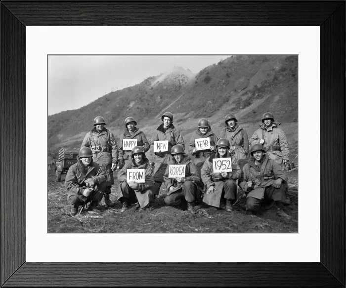 Framed Print : U.S. infantrymen along the Kumsong front wish Happy New Year to the stateside folks. Dec. 14, 1951. They are Missouri National Guards in the 19th Infantry Regiment
