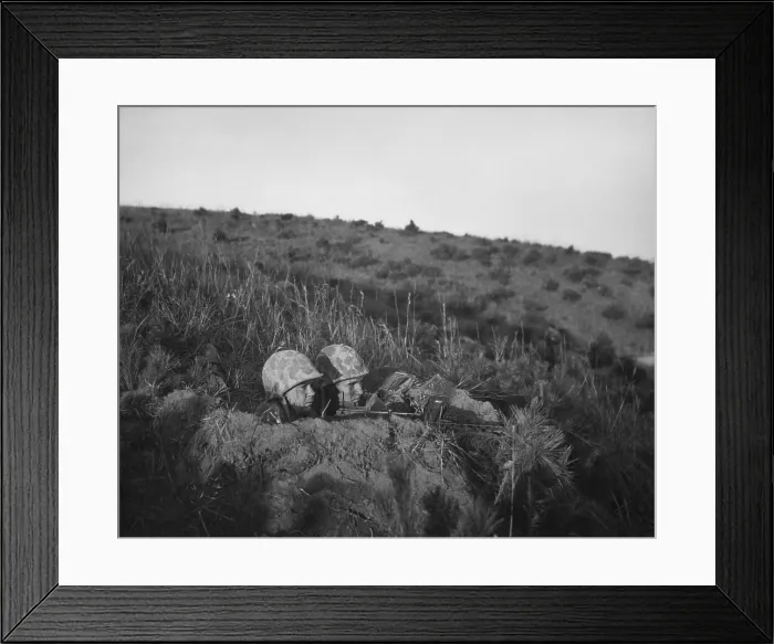 Framed Print : U.S. Marine machine gun crew dug in for the night in Korea