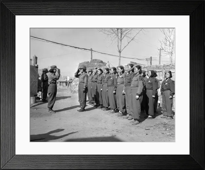 Framed Print : A platoon of the Korean Women's Army prepares for inspection at a command post. Korean War, 1950-53. (BSLOC_2014_11_150)