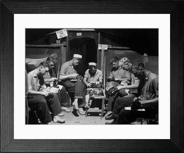 Framed Print : U.S. sailors shining shoes prior to acting as honor guard at Panmunjom armistice signing. July 23, 1953. Korean War, 1950-53. (BSLOC_2014_11_151)