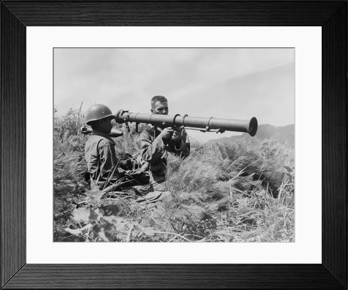 Framed Print : U.S. soldiers operate a new 3.5 bazooka on the front lines somewhere in Korea. 1950. Korean War, 1950-53. (BSLOC_2014_11_154)