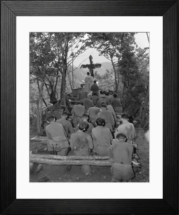 Framed Print : Chaplain conducts services north of Hwachon, Korea, for men of 31st Regiment. August 28, 1951. Korean War, 1950-53. (BSLOC_2014_11_157)