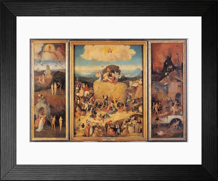 Framed Print : The Hay Wagon (The Tryptych of Hay), by Van Aeken Joren Anthoniszoon known as Bosch Hieronymus, 16th Century, 1500 about, oil on panel, cm 135 x 100, side panel each - Spain