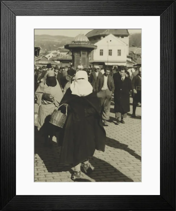 Framed Print : Yugoslavian Islamic woman in niqab and burqa carrying basket in Sarajevo, 1936. (BSLOC_2013_9_99) Framed Print : Yugoslavian Islamic woman in niqab and burqa carrying basket in Sarajevo, 1936. (BSLOC_2013_9_99)
