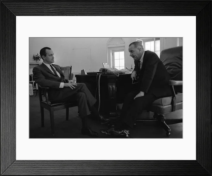 Framed Print : President Lyndon Johnson meets with Richard Helms. Johnson appointed Helms CIA Director in 1966.Oval Office, White House, April 8, 1965 Framed Print : President Lyndon Johnson meets with Richard Helms. Johnson appointed Helms CIA Director in 1966.Oval Office, White House, April 8, 1965