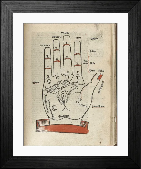 Framed Print : Woodcut of a hand with palmist markings to aid the interpretation of lines and undulations on the palm of the hand in fortune telling