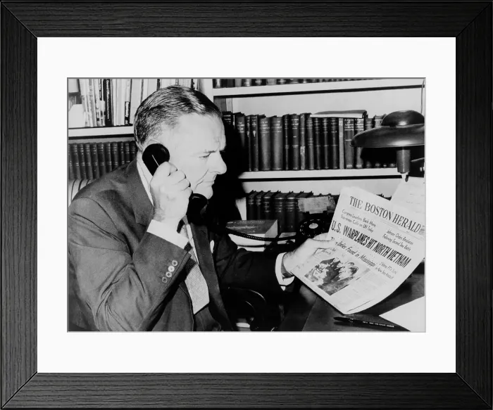 Framed Print : Henry Cabot Lodge, US ambassador of Vietnam (1963-1967), reading a newspaper headline about the Gulf of Tonkin incident. August 5, 1964 Framed Print : Henry Cabot Lodge, US ambassador of Vietnam (1963-1967), reading a newspaper headline about the Gulf of Tonkin incident. August 5, 1964