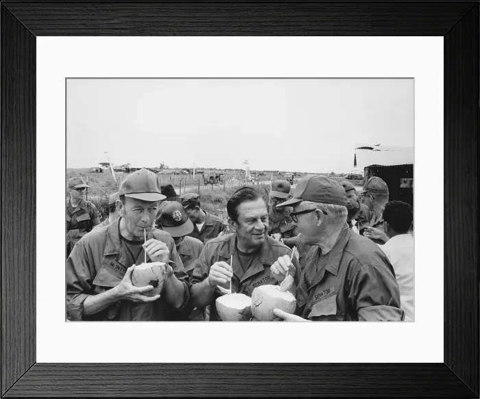 Framed Print : US Senators drink from coconuts on a fact-finding mission They toured the recently pacified South Vietnamese village of Huu Thanh. L-R: Senators Thomas J Framed Print : US Senators drink from coconuts on a fact-finding mission They toured the recently pacified South Vietnamese village of Huu Thanh. L-R: Senators Thomas J