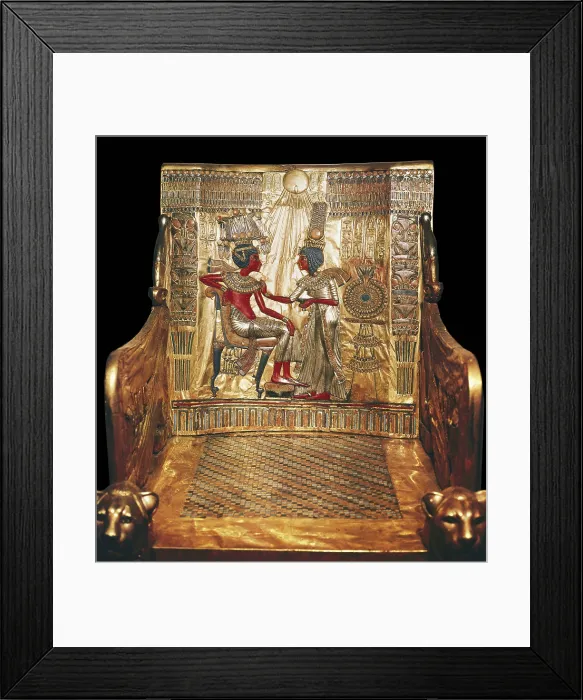 Framed Print : Throne of Tutankhamun. ca. 1340 BC. Gold, silver, mother-of-pearl, coloured glass, faence and hard stones. Egyptian art. New Kingdom. Furniture. EGYPT. Cairo. Egyptian Museum