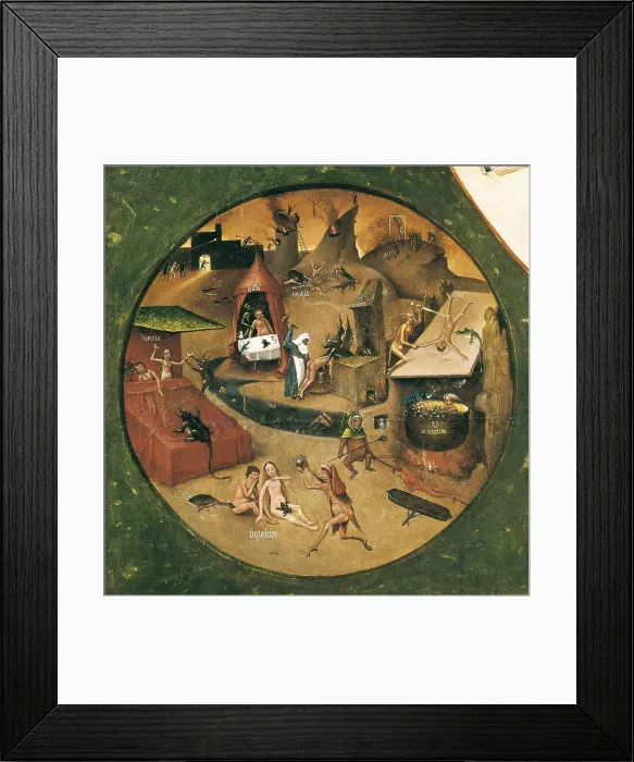 Framed Print : Bosch, Hieronymus Van Aeken, called (1450-1516). Table of the Seven Deadly Sins. 1475 - 1480. Representation of the Hell in a circle situated on the lower left side of the table