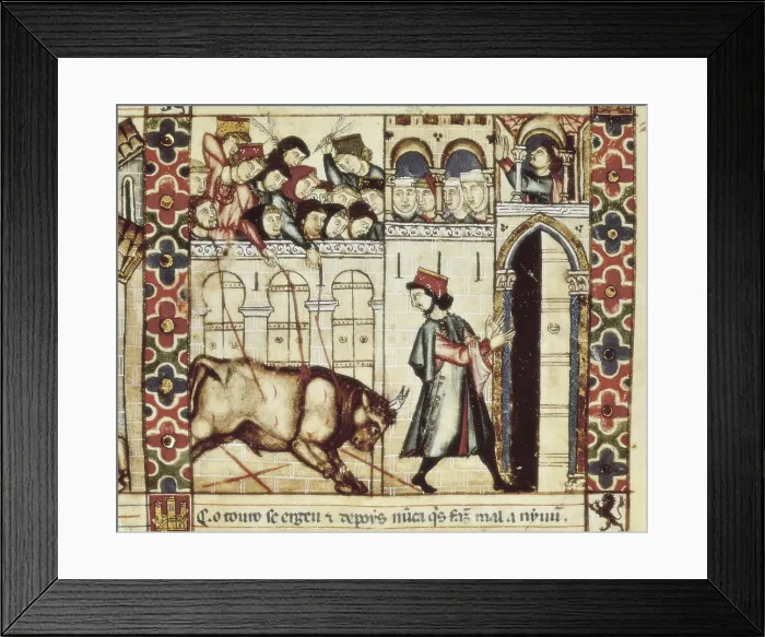 Framed Print : Cantigas de Santa Maria (Virgin Mary Songs). 13th c. Cantiga (song) 144: 'El toro de Plasencia' (The Bull of Plasencia). Gothic art. Miniature Painting. SPAIN