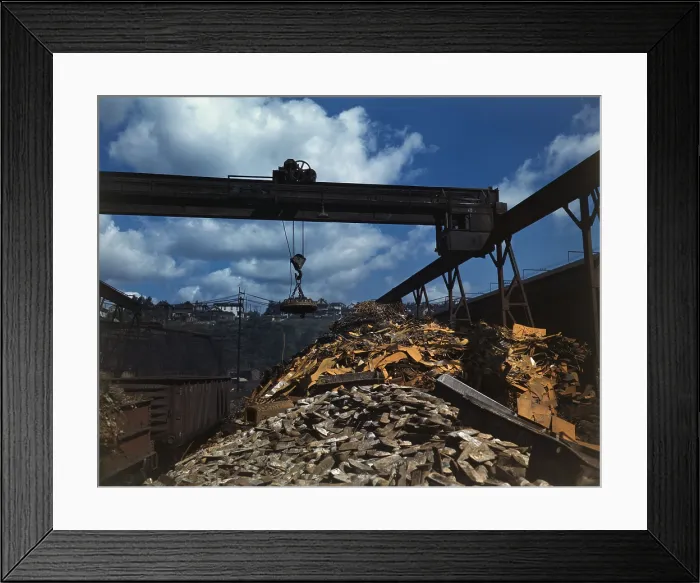 Framed Print : Recycling scrap steel during World War II at the Allegheny Ludlum Steel Corporation in Brackenridge, Pennsylvania